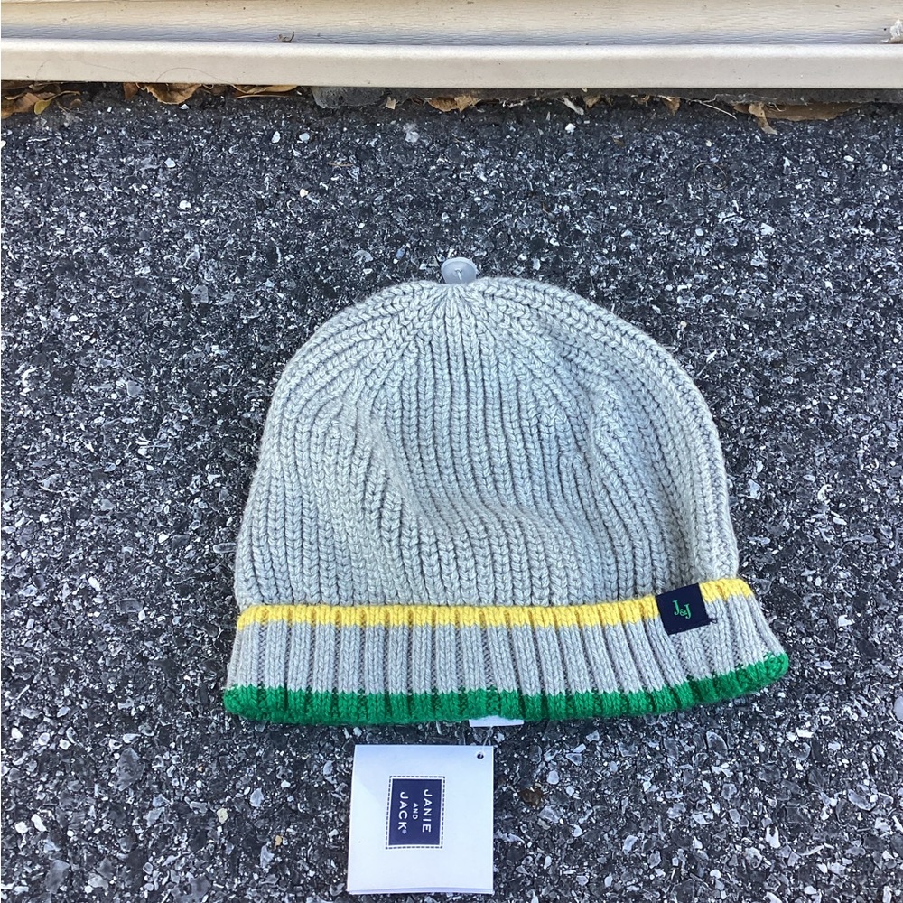 Janie & Jack Gray Green Yellow Knit Sweater Cap Beanie Hat New Born NWT 6/12